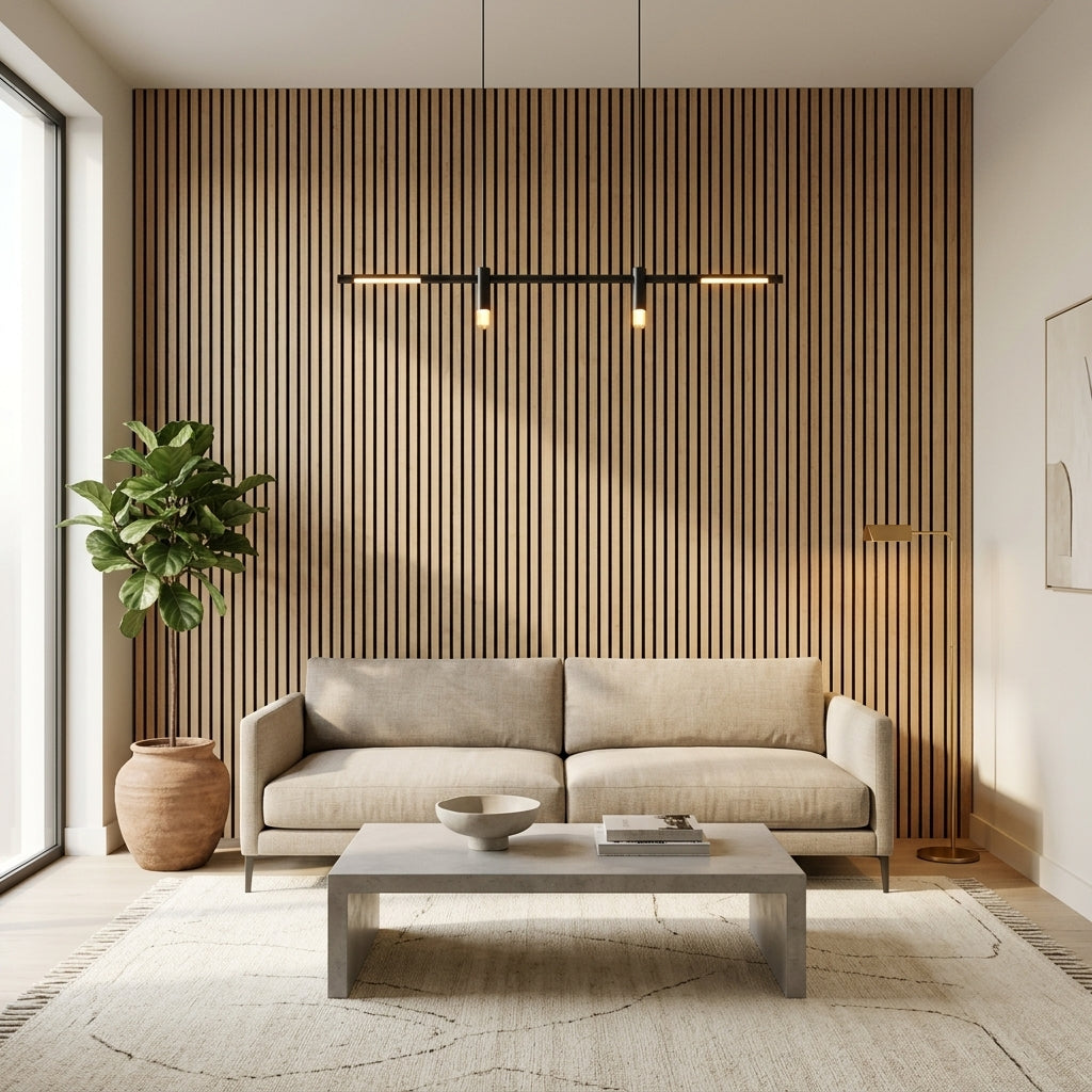 Acoustic Slatted Wood Wall Panel | 2×9 Ft | White Oak