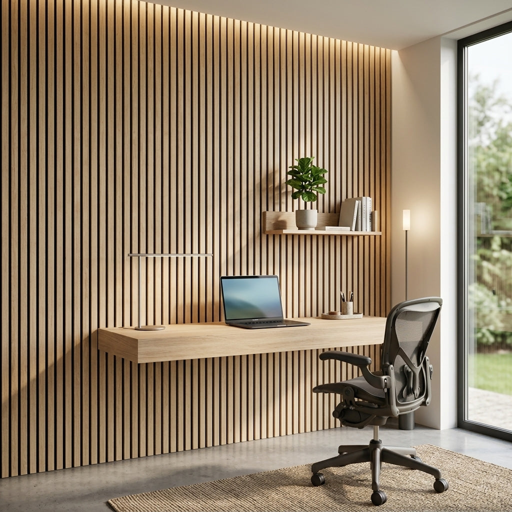 Acoustic Slatted Wood Wall Panel | 2×9 Ft | White Oak
