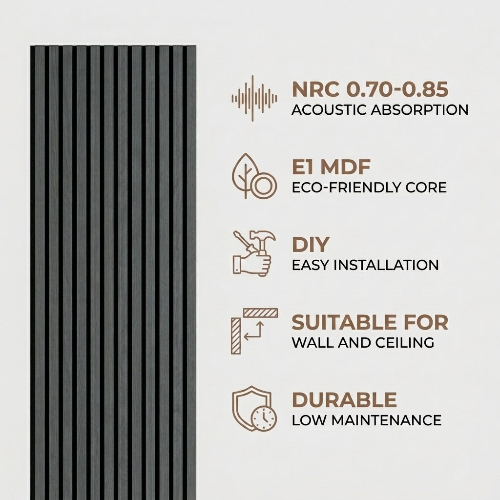 Acoustic Slatted Wood Wall Panel | 2×9 Ft | Charcoal Black