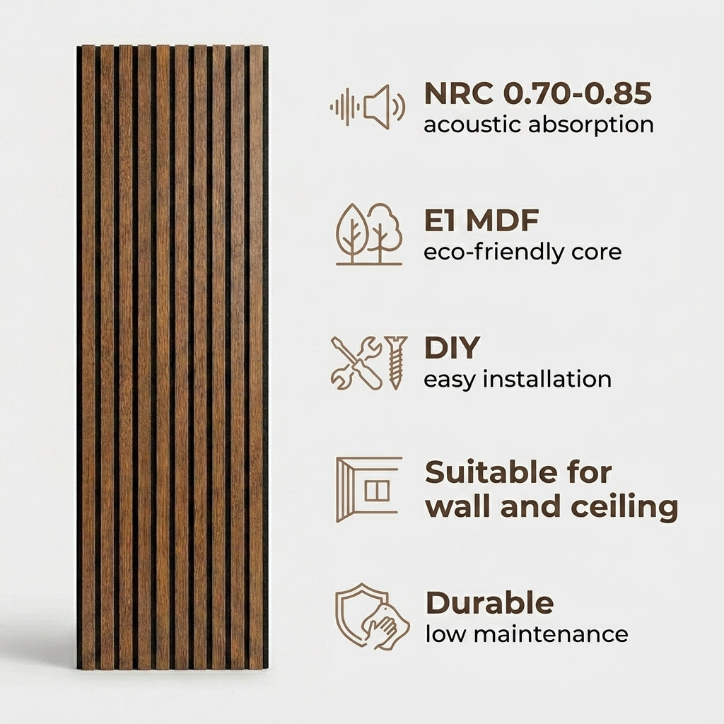 Acoustic Slatted Wood Wall Panel | 2×9 Ft | Walnut