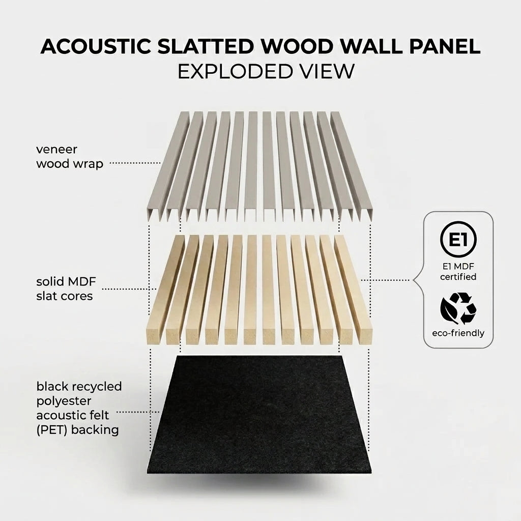 Acoustic Slatted Wood Wall Panel | 2×9 Ft | Washed Grey