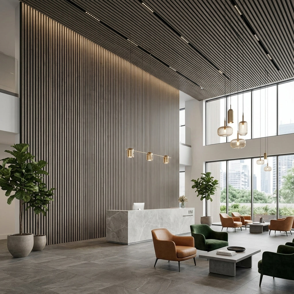 Acoustic Slatted Wood Wall Panel | 2×9 Ft | Washed Grey
