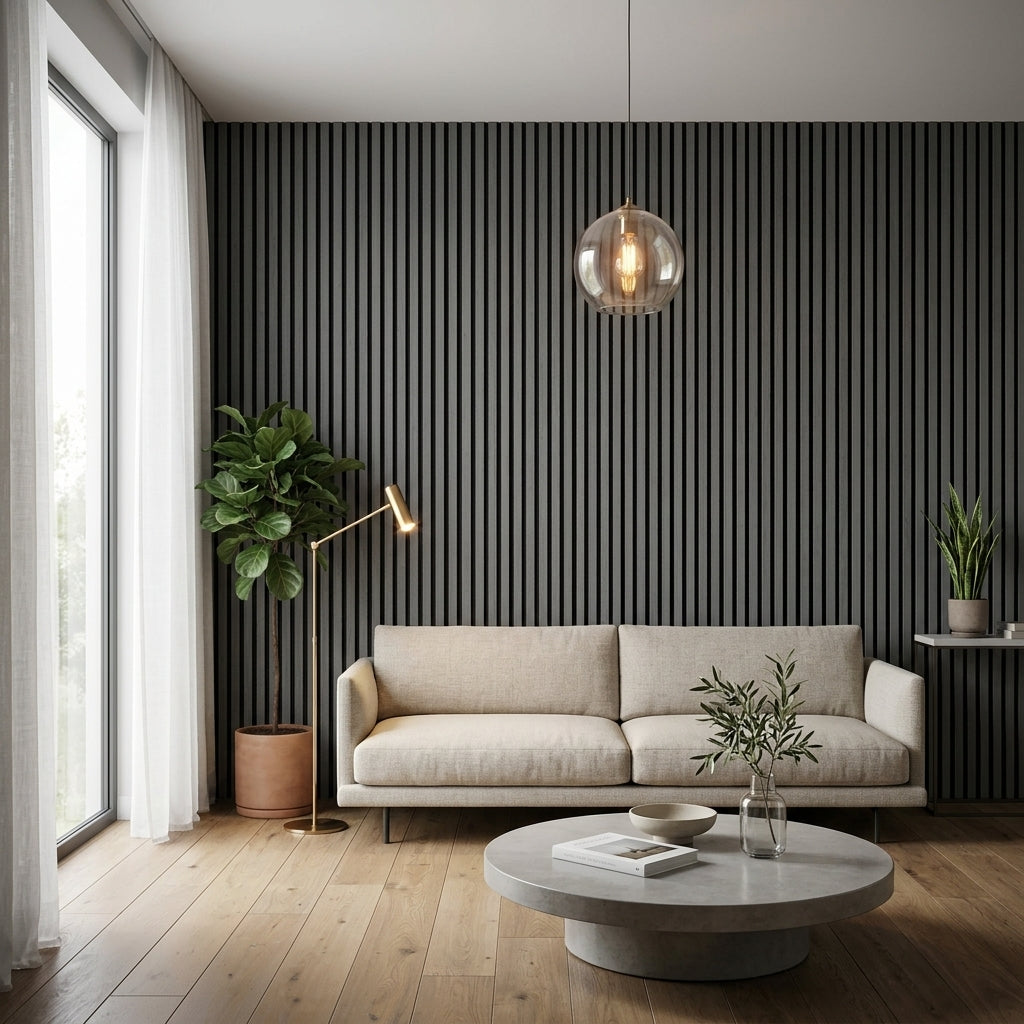 Acoustic Slatted Wood Wall Panel | 2×9 Ft | Charcoal Black