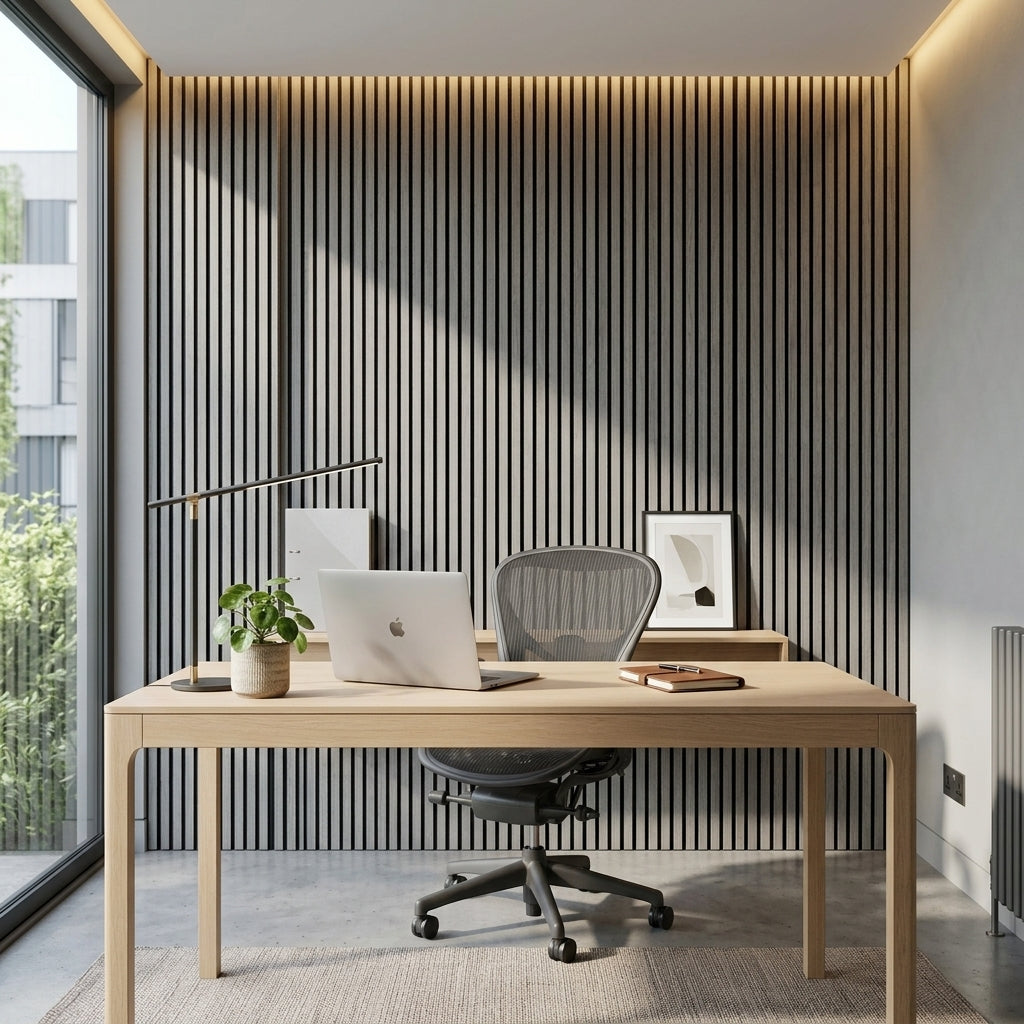 Acoustic Slatted Wood Wall Panel | 2×9 Ft | Washed Grey