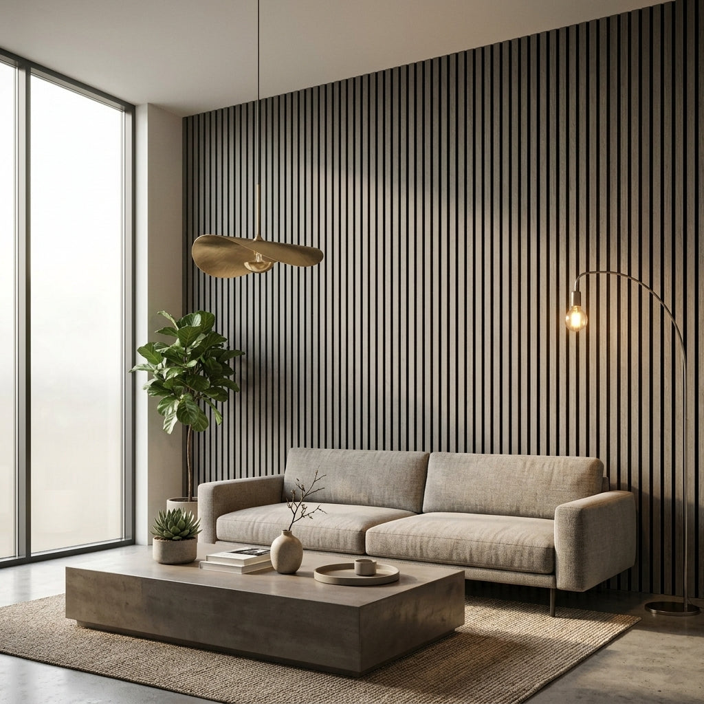 Acoustic Slatted Wood Wall Panel | 2×9 Ft | Washed Grey