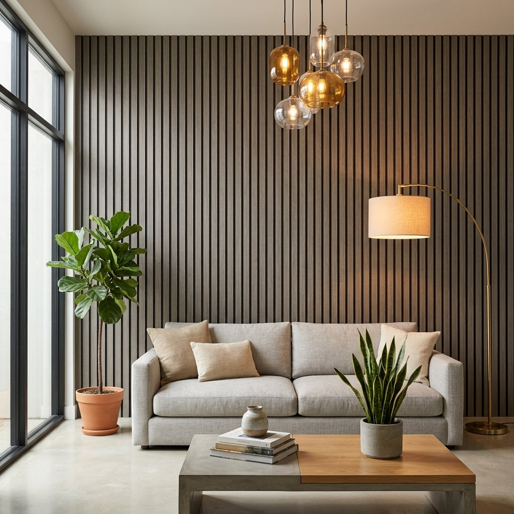 Acoustic Slatted Wood Wall Panel | 2×9 Ft | Washed Grey