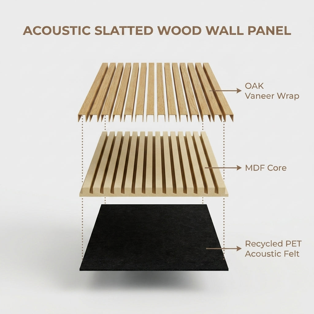 Acoustic Slatted Wood Wall Panel | 2×9 Ft | Teak