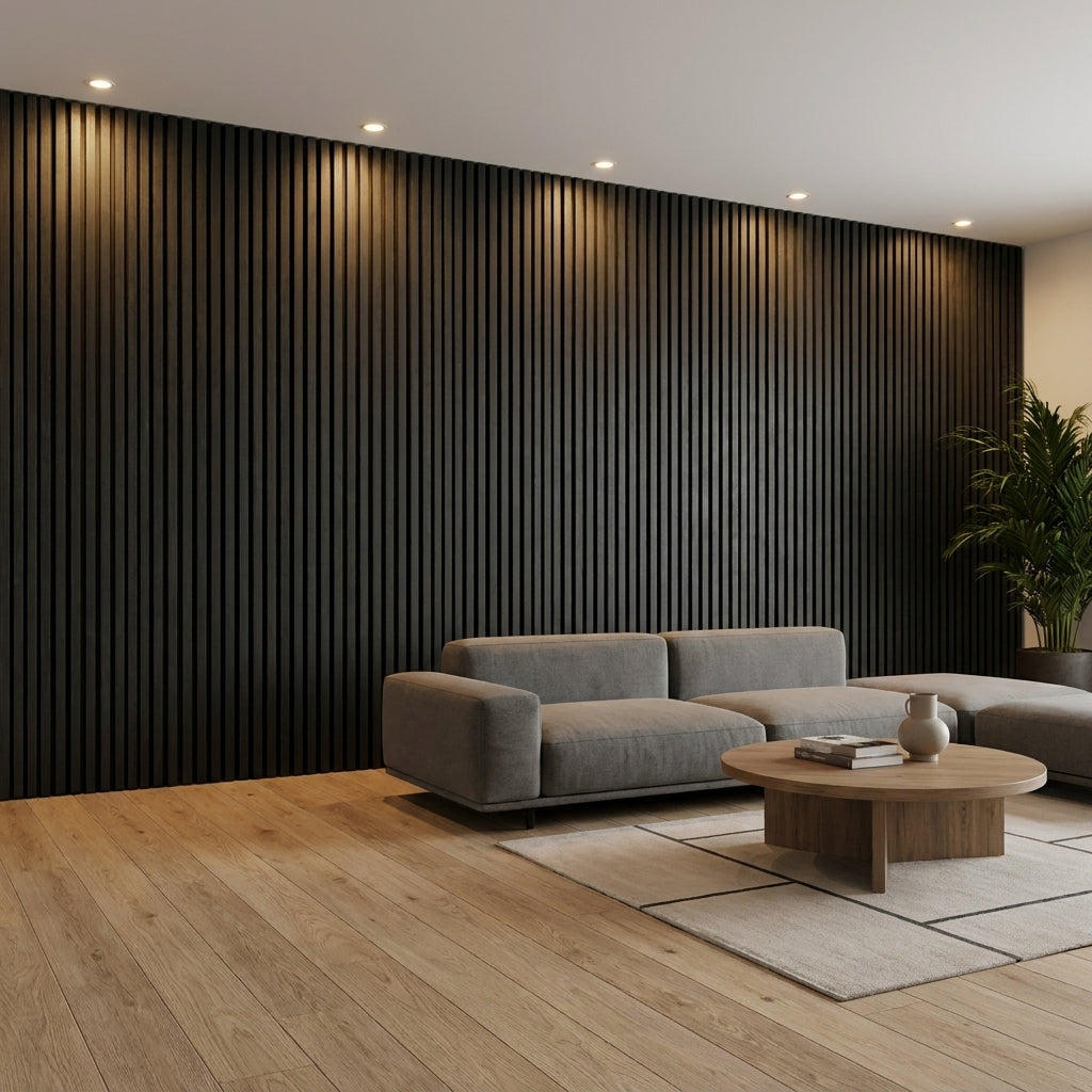 Acoustic Slatted Wood Wall Panel | 2×9 Ft | Charcoal Black