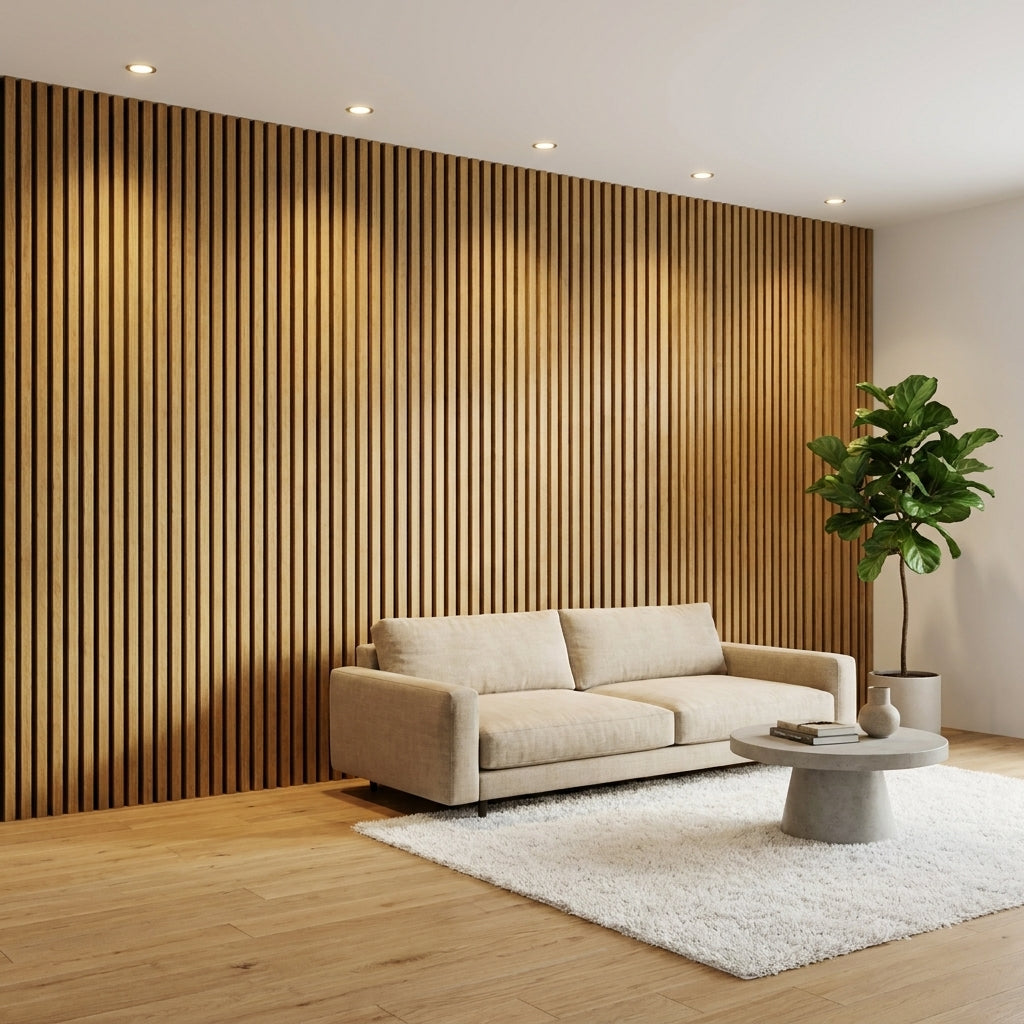 Acoustic Slatted Wood Wall Panel | 2×9 Ft | Teak