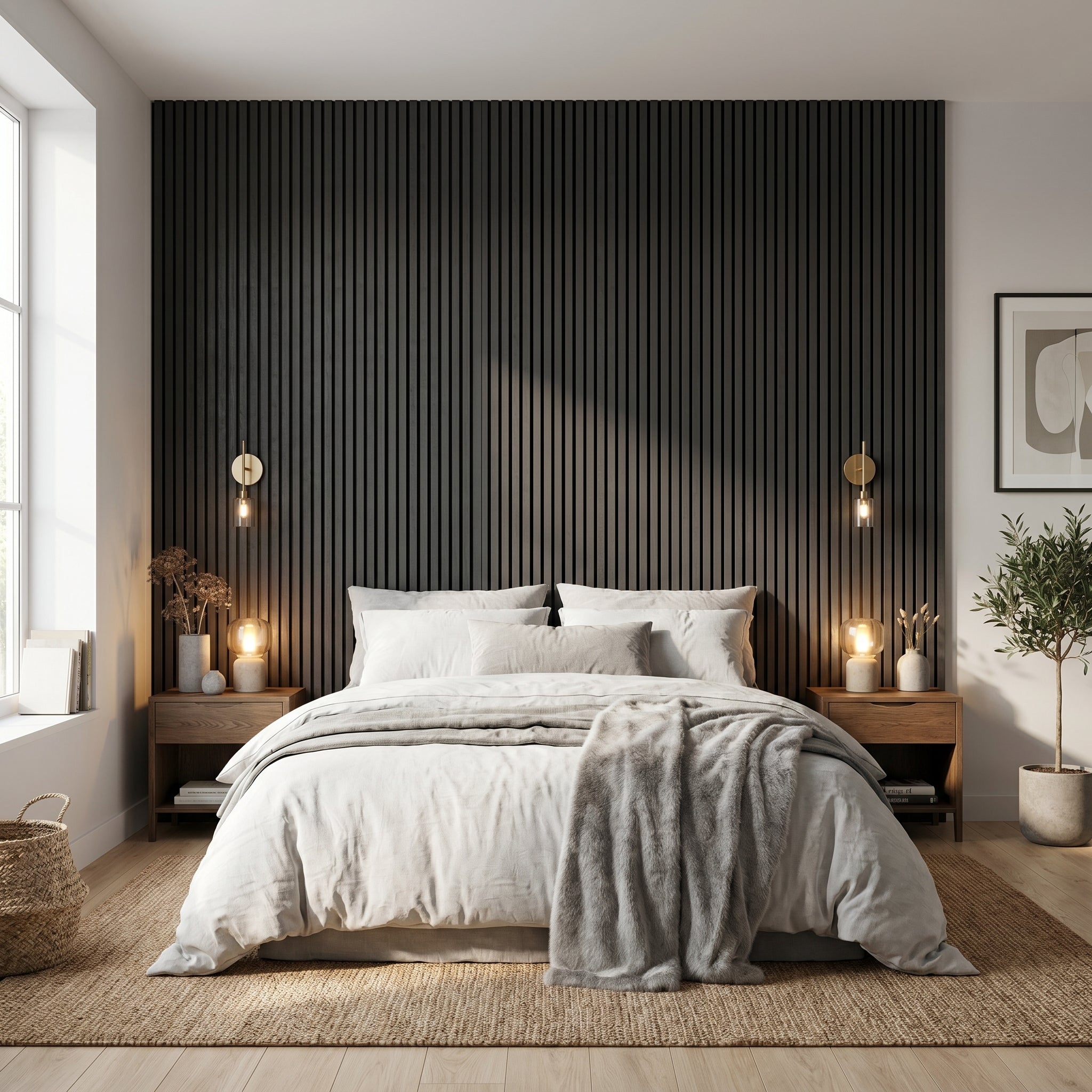 Acoustic Slatted Wood Wall Panel | 2×9 Ft | Charcoal Black