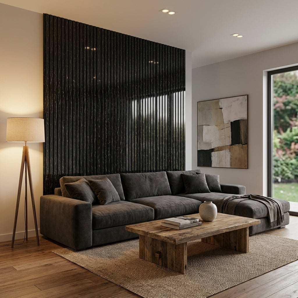 Acoustic Slatted Wood Wall Panel | 2×9 Ft | Marble Black
