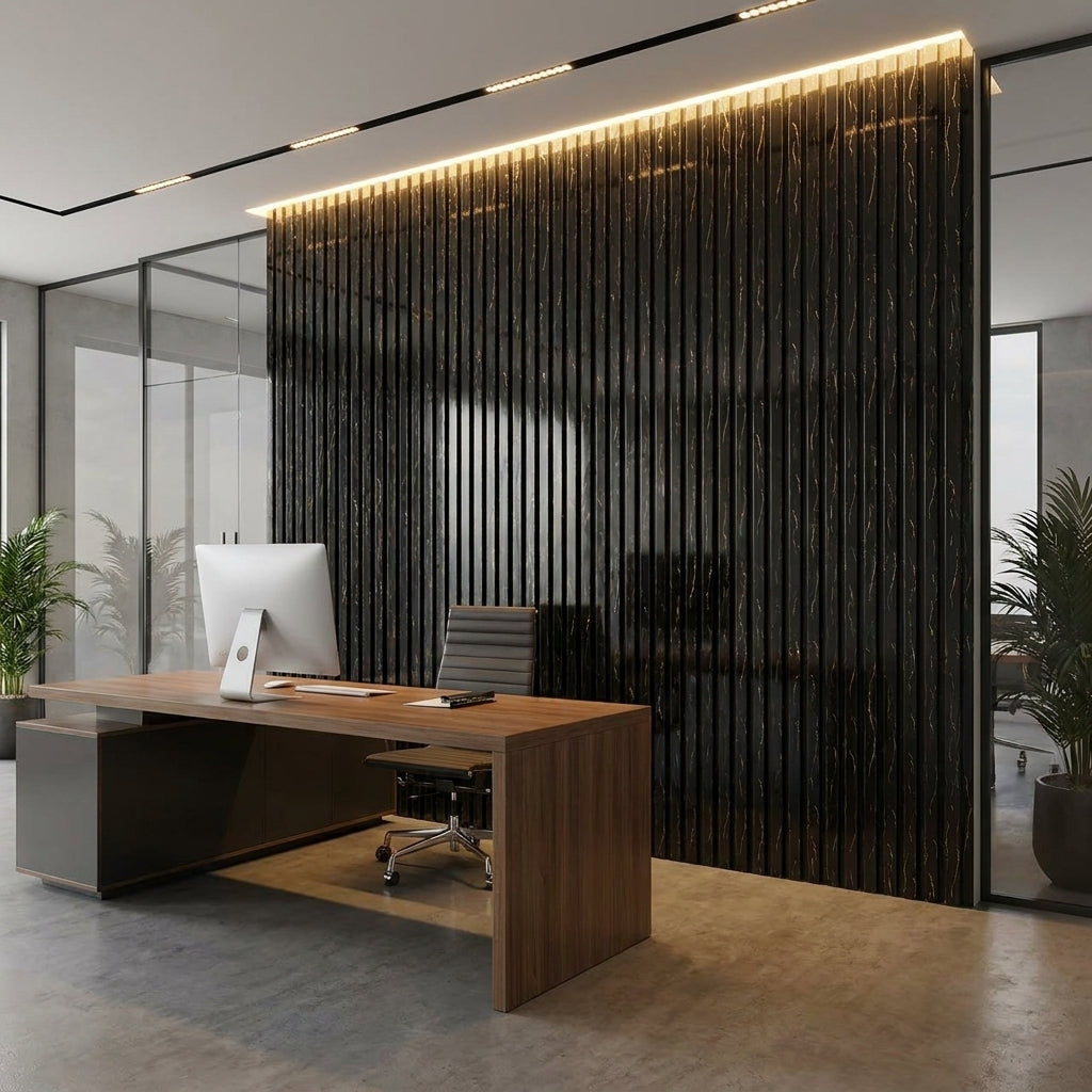 Acoustic Slatted Wood Wall Panel | 2×9 Ft | Marble Black
