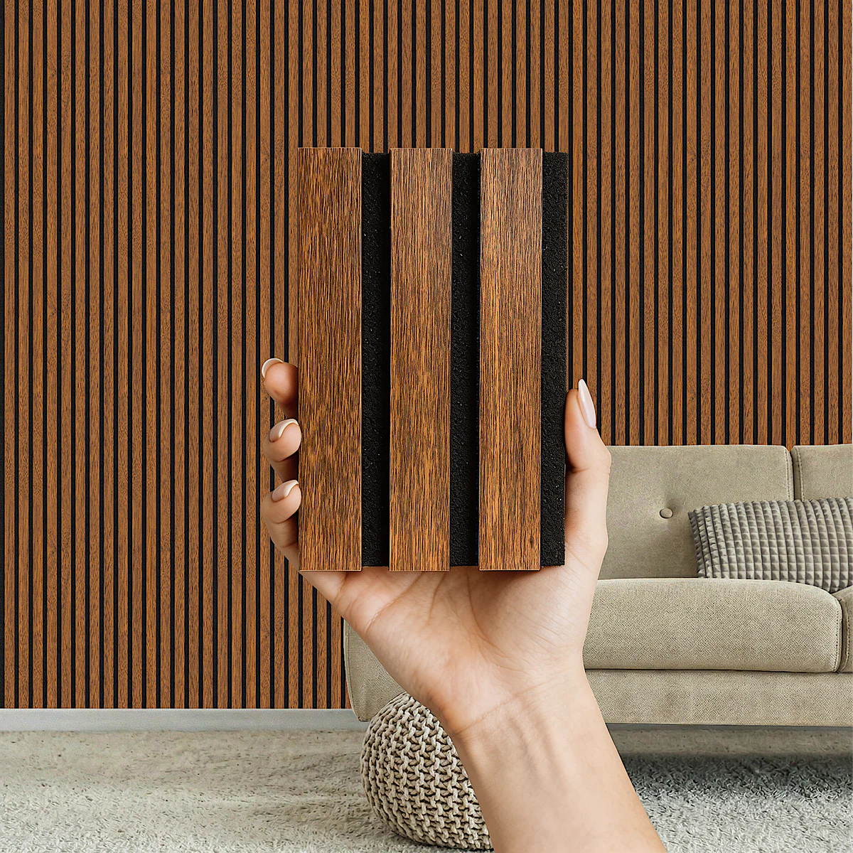 Acoustic Slatted Wood Wall Panel | 2×9 Ft | Walnut