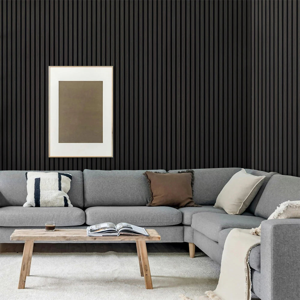 Acoustic Slatted Wood Wall Panel | 2×9 Ft | Charcoal Black