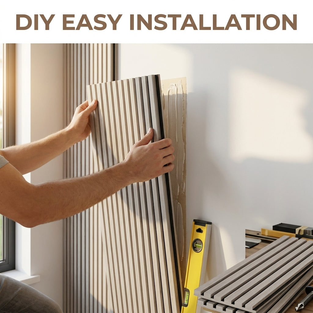 Acoustic Slatted Wood Wall Panel | 2×9 Ft | Grey Oak
